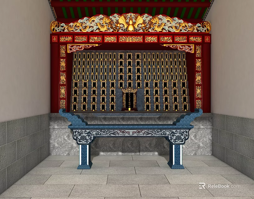 Ancient Architecture with Red Decorations Golden Carvings and Ornate Stone Table 3d model 