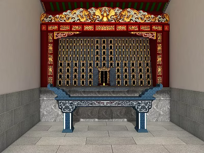 Ancient Architecture with Red Decorations Golden Carvings and Ornate Stone Table 3d model