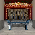 Ancient Architecture with Red Decorations Golden Carvings and Ornate Stone Table