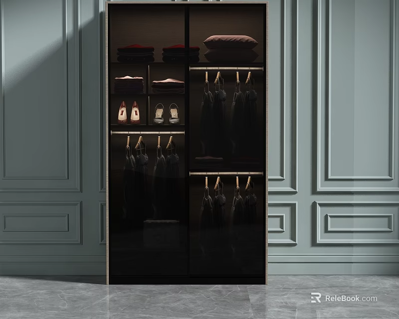Modern Black Wardrobe With Hanging Clothes Folded Items And Shoes Storage Design 3d model 