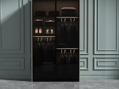Modern Black Wardrobe With Hanging Clothes Folded Items And Shoes Storage Design 3d model