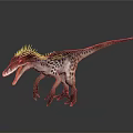 Prehistoric Reptile Dinosaur With Feathered Body Red Head Open Mouth And Spotted Skin