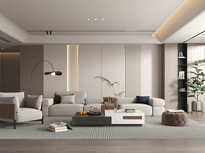 Modern Living Room Interior With Beige Sofa Coffee Table Floor Lamp And Green Plant 3d model
