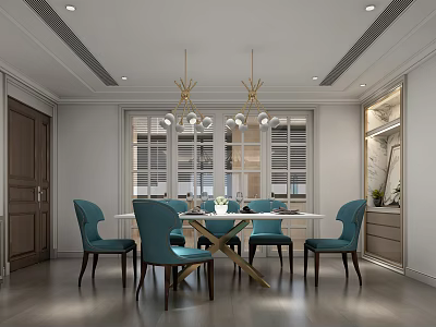 Elegant Modern Dining Room With Turquoise Chairs Wooden Table White Shutter Windows And Golden Chandeliers 3d model