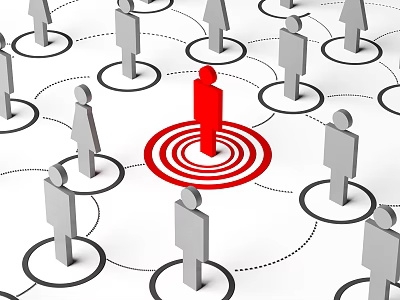 Red Central Figure in Target Surrounded by Connected Gray Human Figures Network 3d model