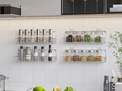 Modern Kitchen With White Tile Wall Mounted Stainless Steel Spice Racks And Spice Jars 3d model