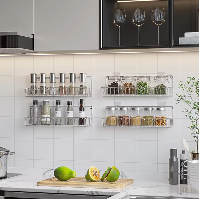 Modern Kitchen With White Tile Wall Mounted Stainless Steel Spice Racks And Spice Jars 3d model