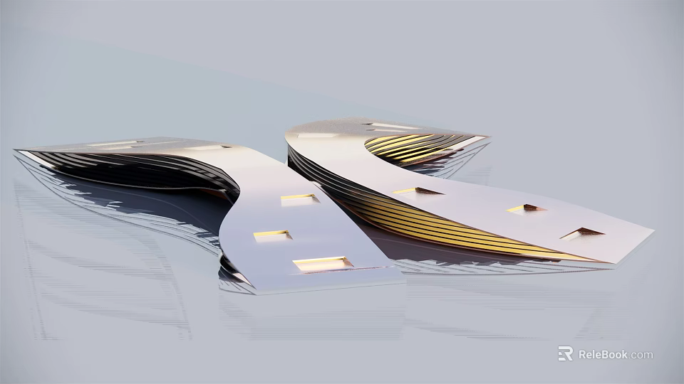 Modern Curved Metal Art Structure With Layered Gold And Silver Reflective Sheets 3d model