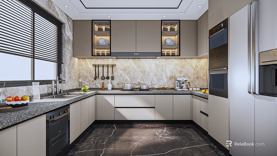 Modern Kitchen Interior With Light Cabinets Marble Countertop Hanging Utensils And Built in Appliances 3d model 