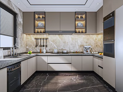 Modern Kitchen Interior With Light Cabinets Marble Countertop Hanging Utensils And Built in Appliances 3d model