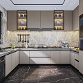 Modern Kitchen Interior With Light Cabinets Marble Countertop Hanging Utensils And Built in Appliances