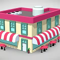 Cartoon Cafe Scene With Pink Roof Yellow Walls Striped Awnings Green Windows And Outdoor Tables