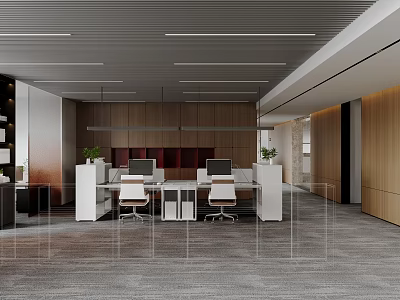 Modern Public Office Space With Open Layout White Desks Computers Chairs Wooden Walls Green Plants 3d model