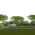 Beautiful Garden Scene with Red Flowering Trees Green Shrubs Purple Flowers and Green Lawn Pathway