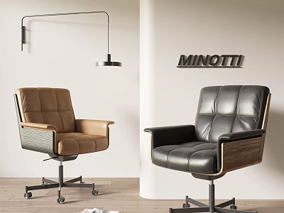Modern Brown and Black Leather Office Chair with Wooden Armrests Swivel Base MINOTTI Design 3d model