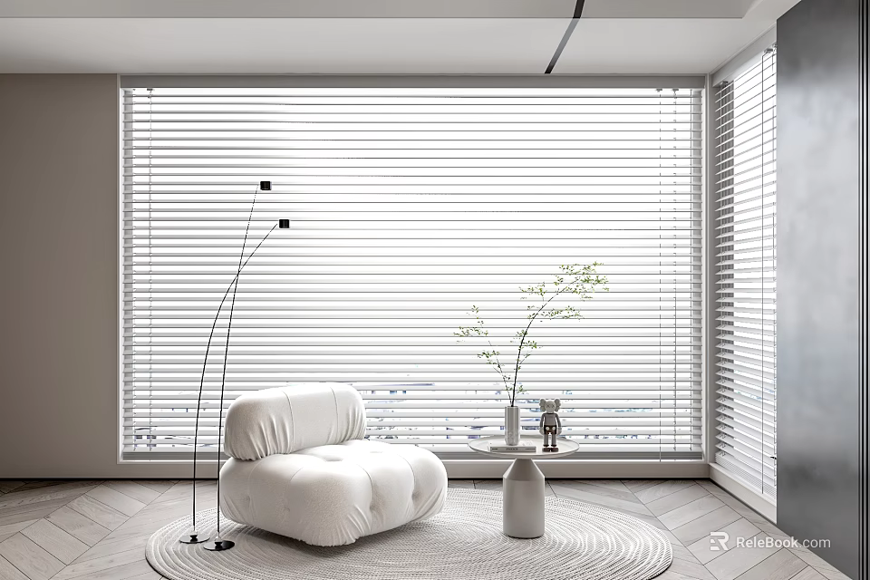Modern Living Room Interior With Window Blinds White Armchair Floor Lamp And Green Plant 3d model 