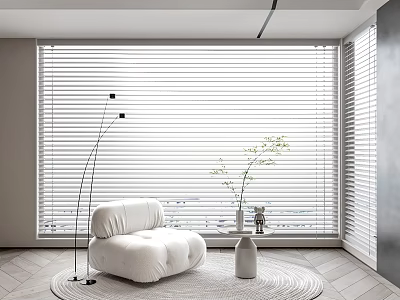 Modern Living Room Interior With Window Blinds White Armchair Floor Lamp And Green Plant 3d model