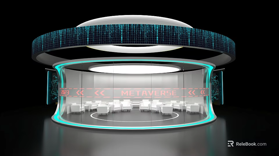 Futuristic Hotel Public Lounge Area With Circular Design Transparent Glass Walls And Blue Lighting 3d model 