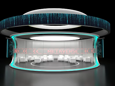 Futuristic Hotel Public Lounge Area With Circular Design Transparent Glass Walls And Blue Lighting 3d model