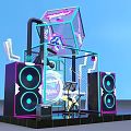 Modern Tech Style Stage Setup With Neon Lights Large Speakers Diamond Sign And Microphone Stand
