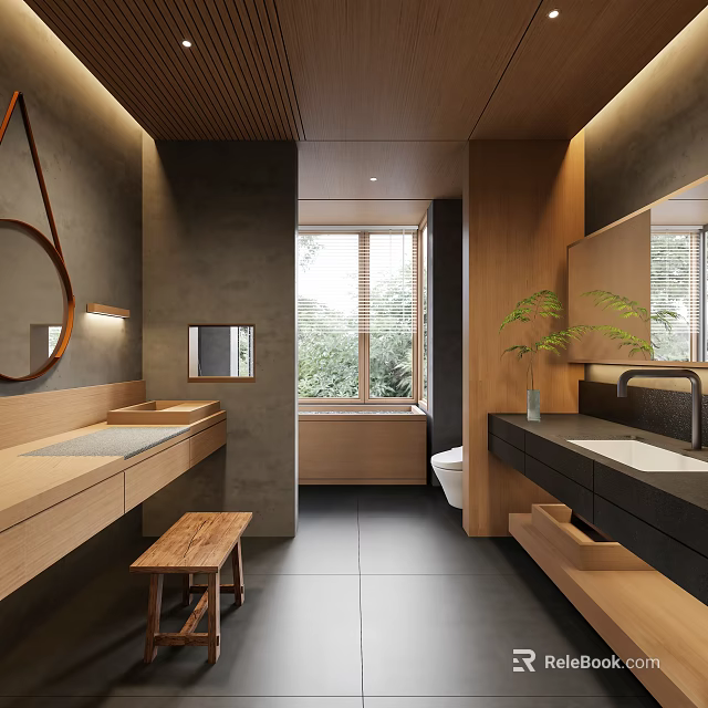 Modern Bathroom Interior With Wooden Elements Dark Walls Large Window Double Vanities And Green Plant 3d model 