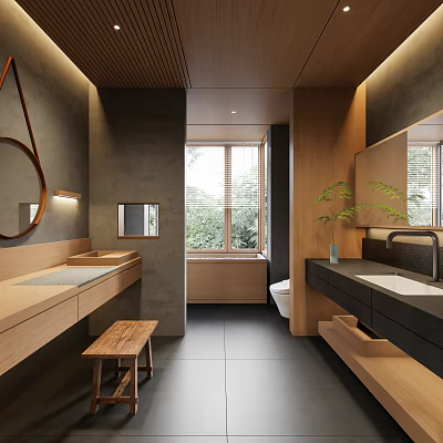 Modern Bathroom Interior With Wooden Elements Dark Walls Large Window Double Vanities And Green Plant 3d model