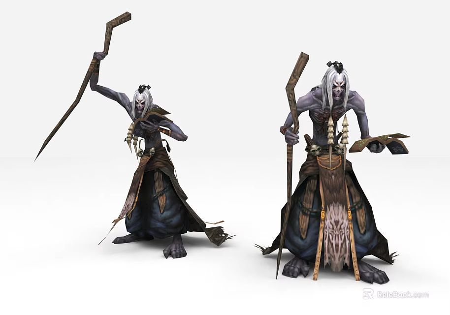 Mysterious Fantasy Game And Movie Character With Silver Hair In Ancient Robe Holding Sword And Staff 3d model 