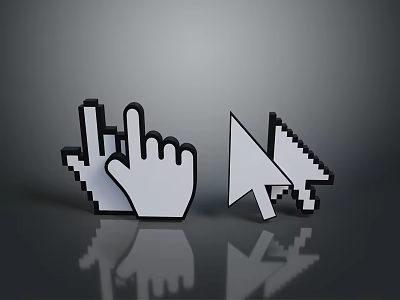 Pixel Style Hand And Arrow Cursors On Gray Gradient Background With Reflection 3d model
