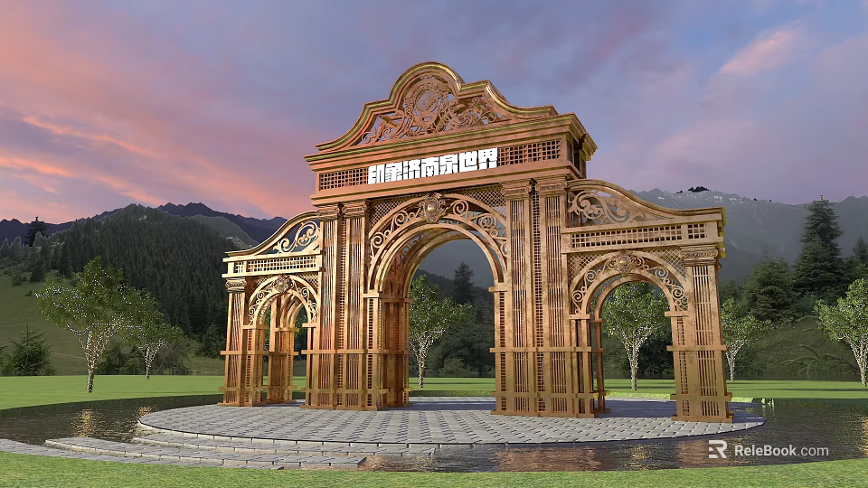 Golden Intricate Carved Arched Entrance Gate With Sunset Sky And Mountain Landscape 3d model 