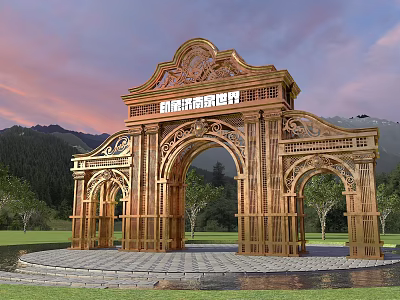 Golden Intricate Carved Arched Entrance Gate With Sunset Sky And Mountain Landscape 3d model