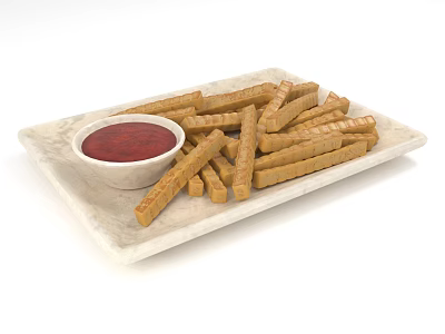 Delicious Crunchy Breadsticks Served With Red Dipping Sauce On Marble Plate 3d model