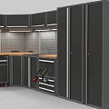 Functional Modern Public Facility With Black Cabinets Drawers Overhead LED Strips And Wooden Countertops