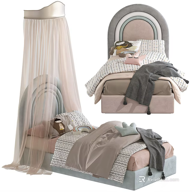 Cozy Kids Bed In Pink Gray With Arched Headboard And Canopy Bedding 3d model 