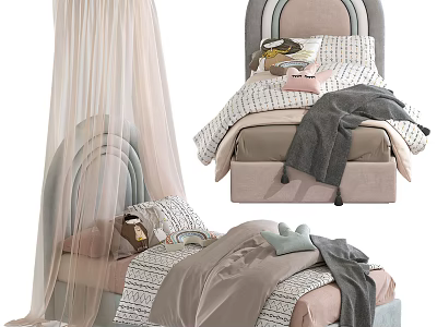 Cozy Kids Bed In Pink Gray With Arched Headboard And Canopy Bedding 3d model