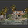 Cartoon Scene Featuring Tropical Island With Sandy Beach Palm Trees and Cozy Cabin