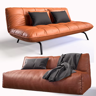 Modern Brown Leather Sectional Sofa With Black Pillows Gray Throw Blanket And Metal Legs 3d model