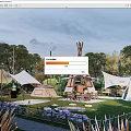 Scenic Garden Landscape With Tepees Green Lawn Trees Purple Flowers And Outdoor Seating Area