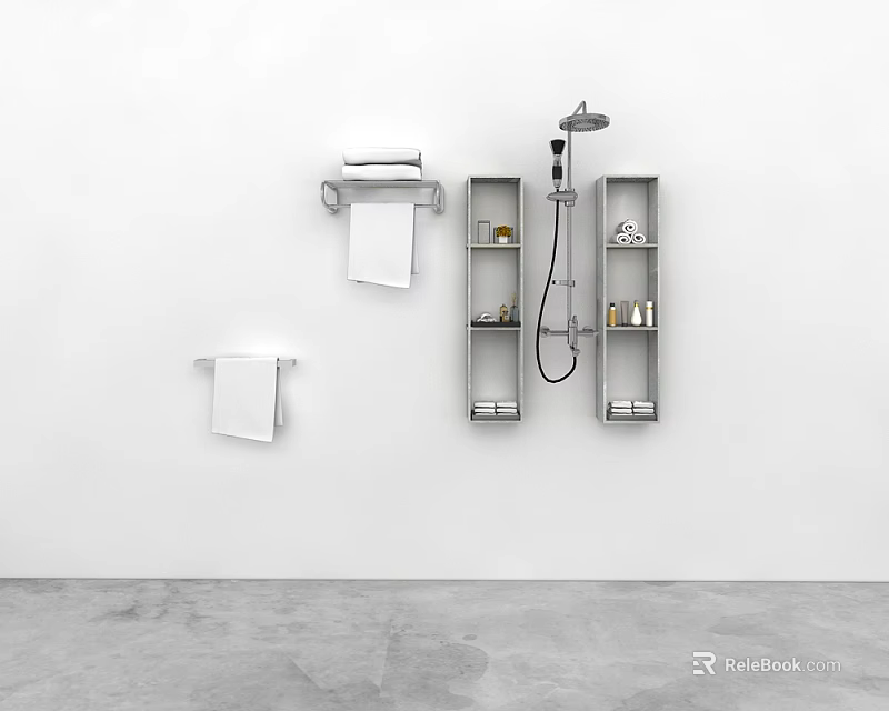 Modern Bathroom Accessories Including Towel Rack Storage Shelf And Shower Head 3d model 