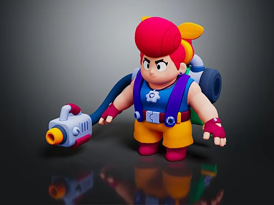 Animated 3D Game Character With Red Hair Mechanical Backpack Spray Gun Blue Vest Yellow Pants 3d model