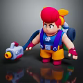Animated 3D Game Character With Red Hair Mechanical Backpack Spray Gun Blue Vest Yellow Pants