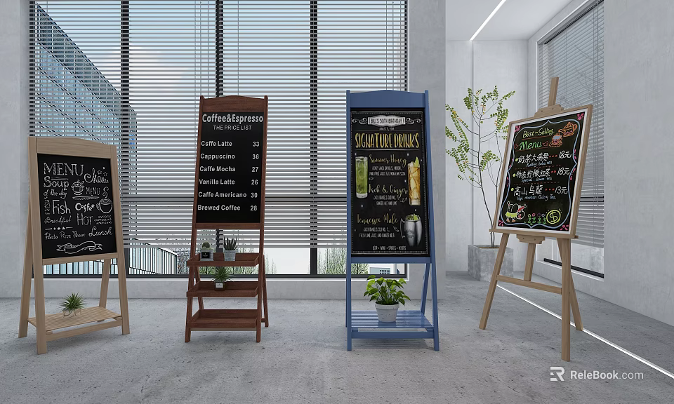 Display Shelves with Chalkboard Menus and Small Plants in Modern Interior Design by Windows 3d model 