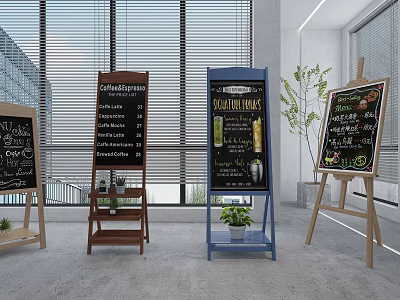 Display Shelves with Chalkboard Menus and Small Plants in Modern Interior Design by Windows 3d model