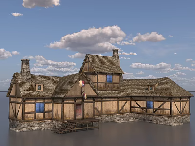 Ancient Architecture Featuring Timber Frame Stone Foundation Gabled Roof And Wooden Stairs 3d model