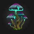 Colorful Glowing Mushrooms with Purple Green Caps Brown Stems and Green Moss
