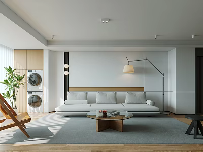 Modern Living and Dining Room With White Sofa Wooden Coffee Table Floor Lamp and Plant 3d model