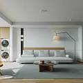 Modern Living and Dining Room With White Sofa Wooden Coffee Table Floor Lamp and Plant