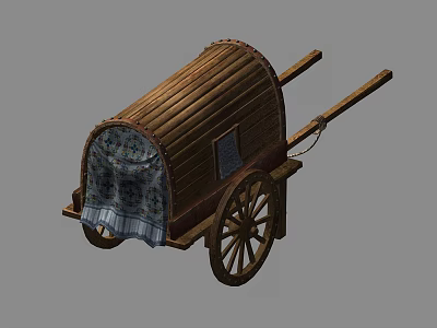 Vintage Wooden Covered Wagon Featuring Decorative Fabric Curtain And Large Wheels 3d model