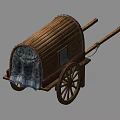 Vintage Wooden Covered Wagon Featuring Decorative Fabric Curtain And Large Wheels
