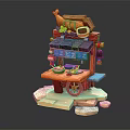 Traditional Japanese Street Food Cart Model With Decorative Fish Sign And Wheels