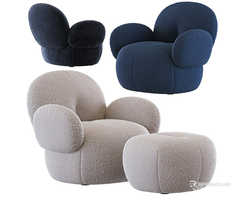 Plush Rounded Armchairs In Navy Blue Black Beige With Matching Ottoman 3d model 
